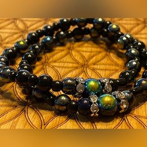 Black and Green iridescent, Matching Spheres bracelet set